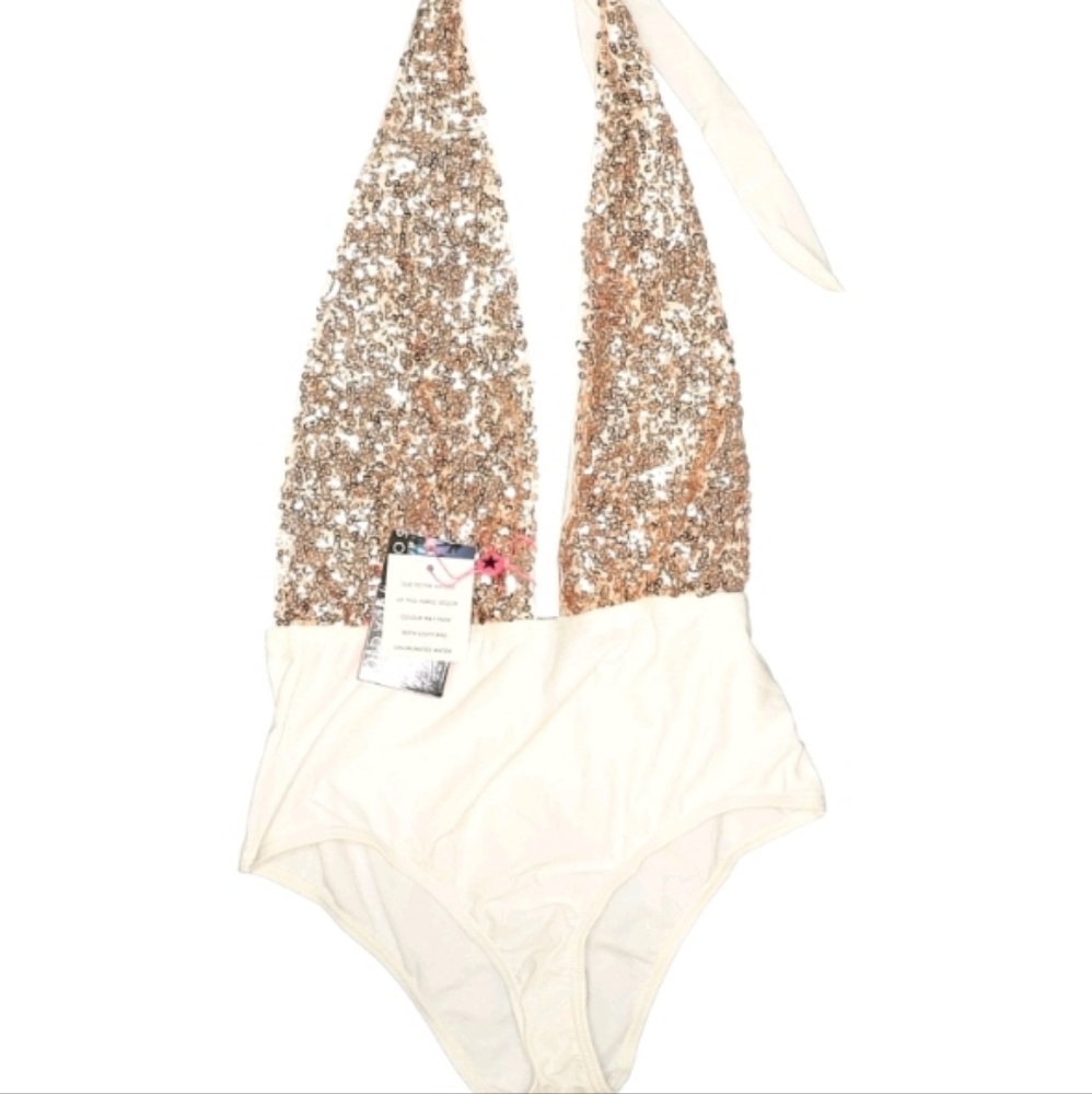 NEW South Beach Sequin Plunge One Piece Swimsuit. Size 8. With Tags.